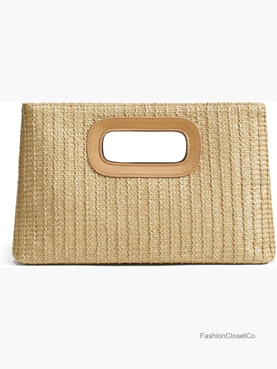 Handbags - Straw Clutch Purse with Top Handle, Woven Boho Beach Bag